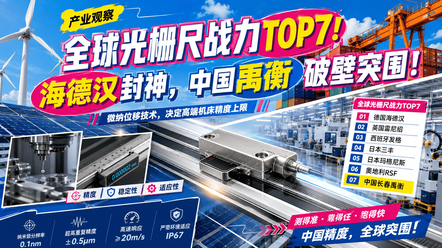 全球光栅尺战力TOP7！海德汉封神，中国禹衡破壁突围！微纳位移技术在高端机床领域至关重要，全球战力榜前七名分别为德国海德汉、英国雷尼绍、西班牙发格、日本三丰、日本玛格尼斯、奥地利RSF和中国