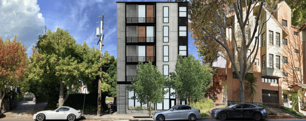 Façade sur Carleton Street du 2614 Telegraph Avenue, image provenant de Gunkel Architecture