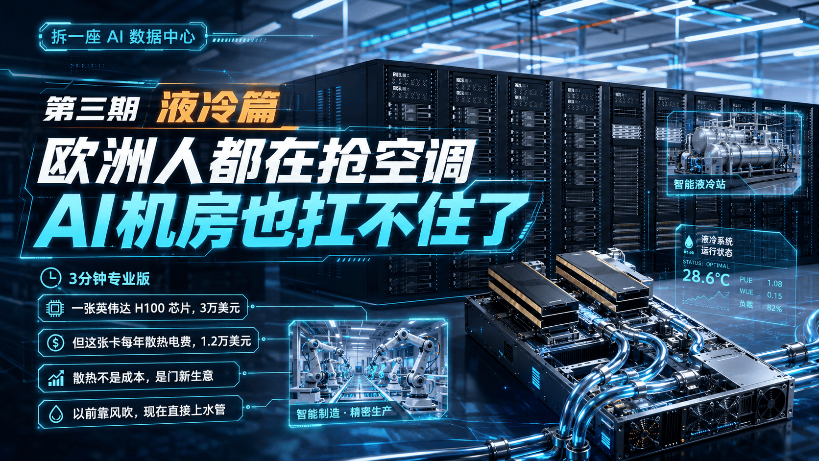 《拆一座 AI 数据中心》第三期 液冷篇（3分钟专业版）欧洲人都在抢空调，AI 机房也扛不住了，一张英伟达H100芯片，3万美元。但这张卡每年散热的电费，1.2万美元。散热不是成本。是门新生意。