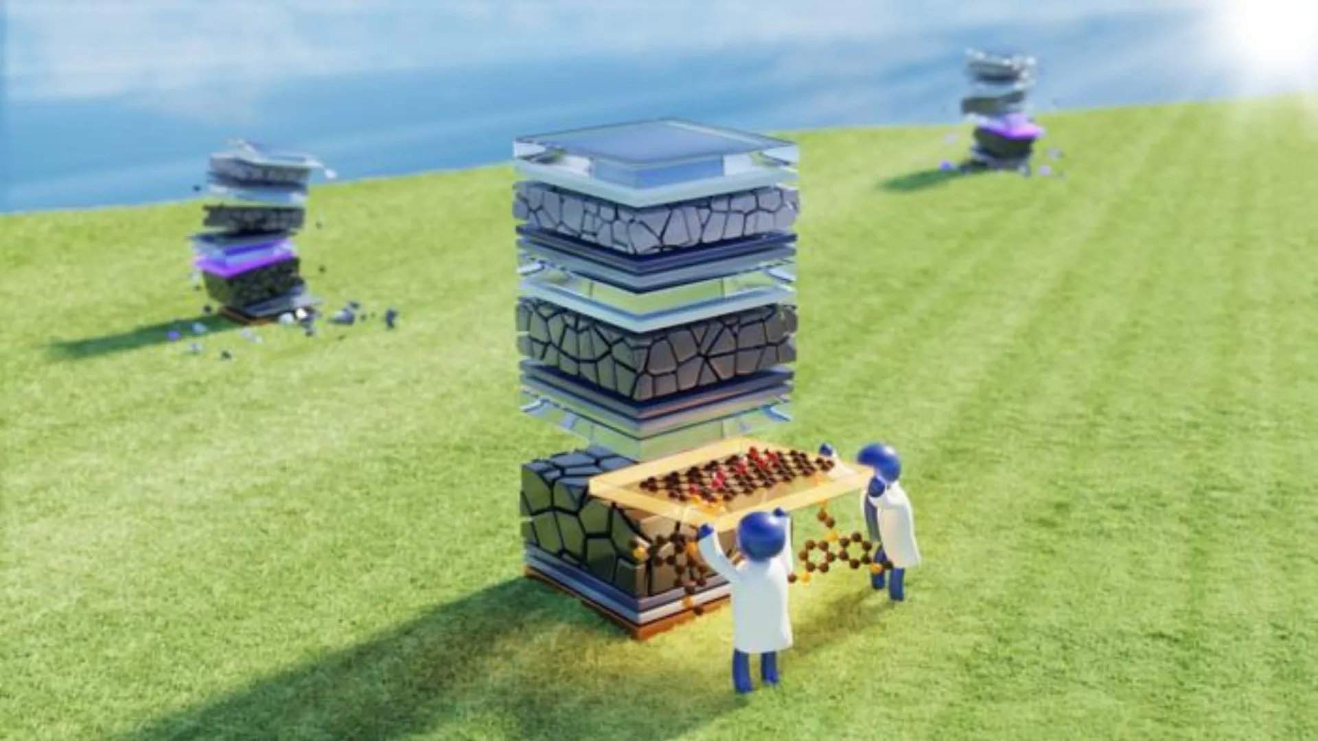 Vue artistique d'une nouvelle cellule solaire à triple jonction en pérovskite, composée de différents semi-conducteurs pérovskites, utilisant une bicouche d'oxyde de graphène (GO) et une monocouche auto-assemblée (SAM) comme conducteur de trous.