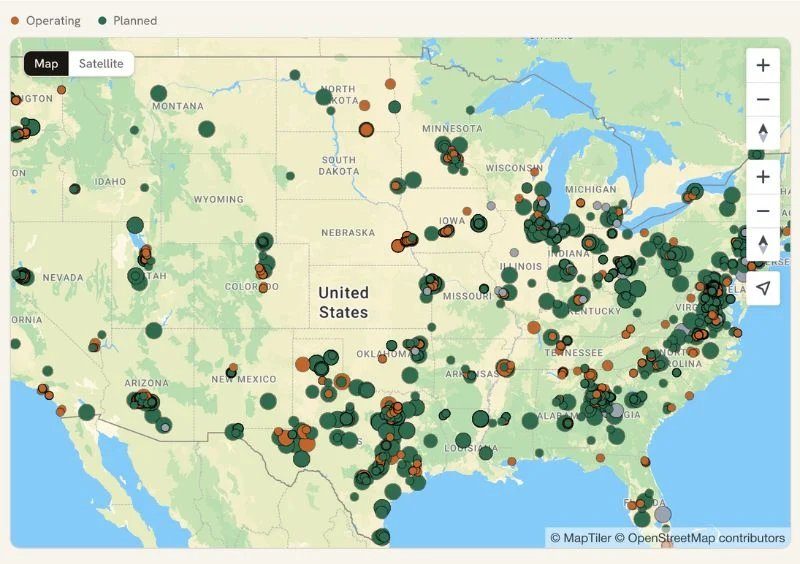 Carte des centres de données planifiés et en exploitation aux États-Unis