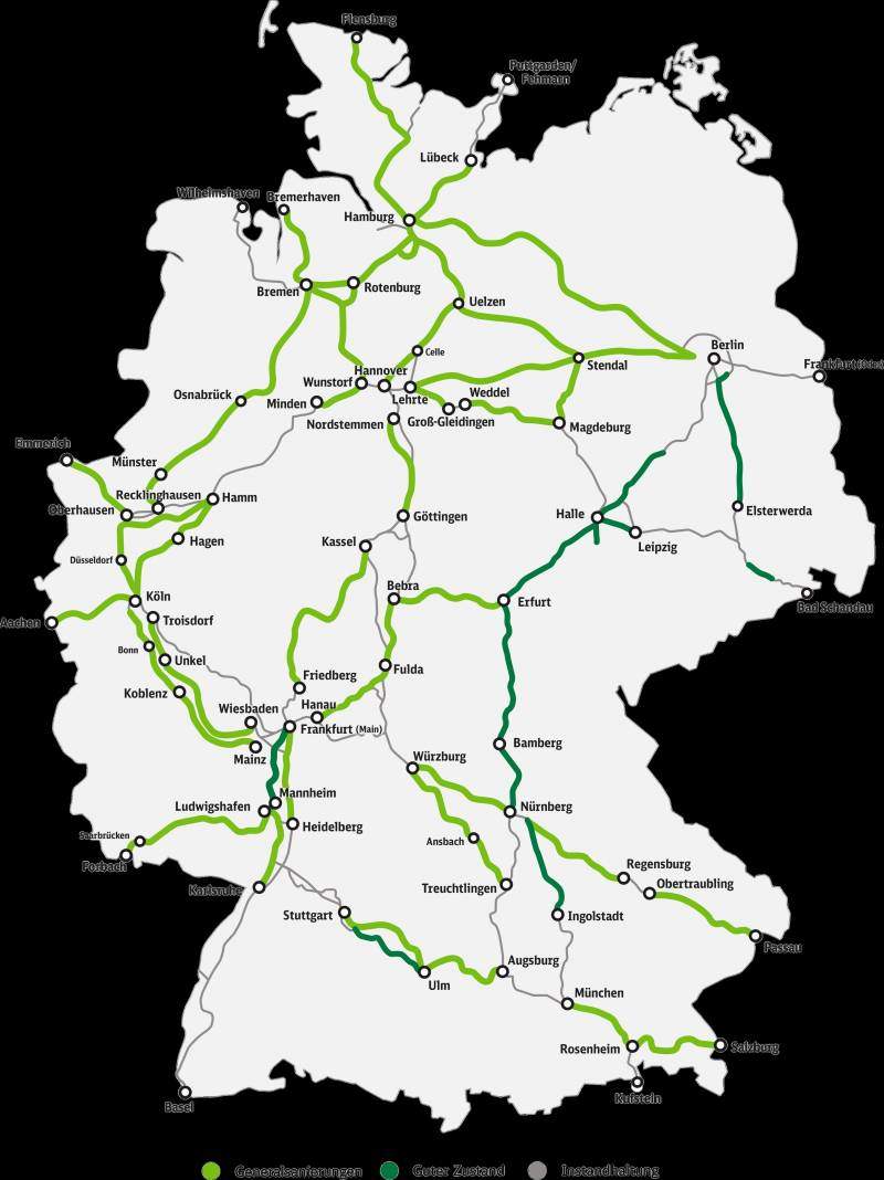 Principaux corridors ferroviaires allemands. Vert foncé : lignes en bon état. Vert clair : lignes nécessitant une rénovation complète. Source : Deutsche Bahn.