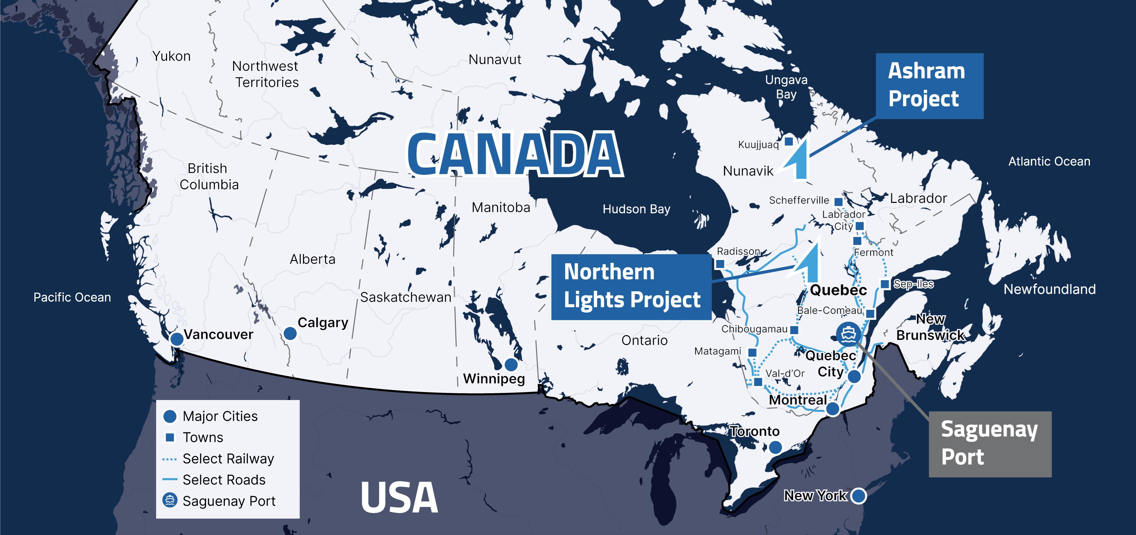 Figura 3: Ubicación del proyecto de tierras raras y fluorita Ashram, el proyecto Northern Lights y el puerto de Saguenay
