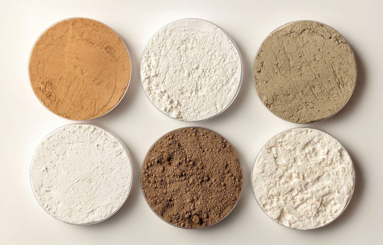 Foto von sechs Behältern mit Oxiden Seltener Erden in verschiedenen Farbtönen als Pulver.