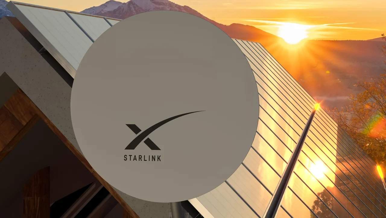Antena do satélite Starlink ao fundo do pôr do sol