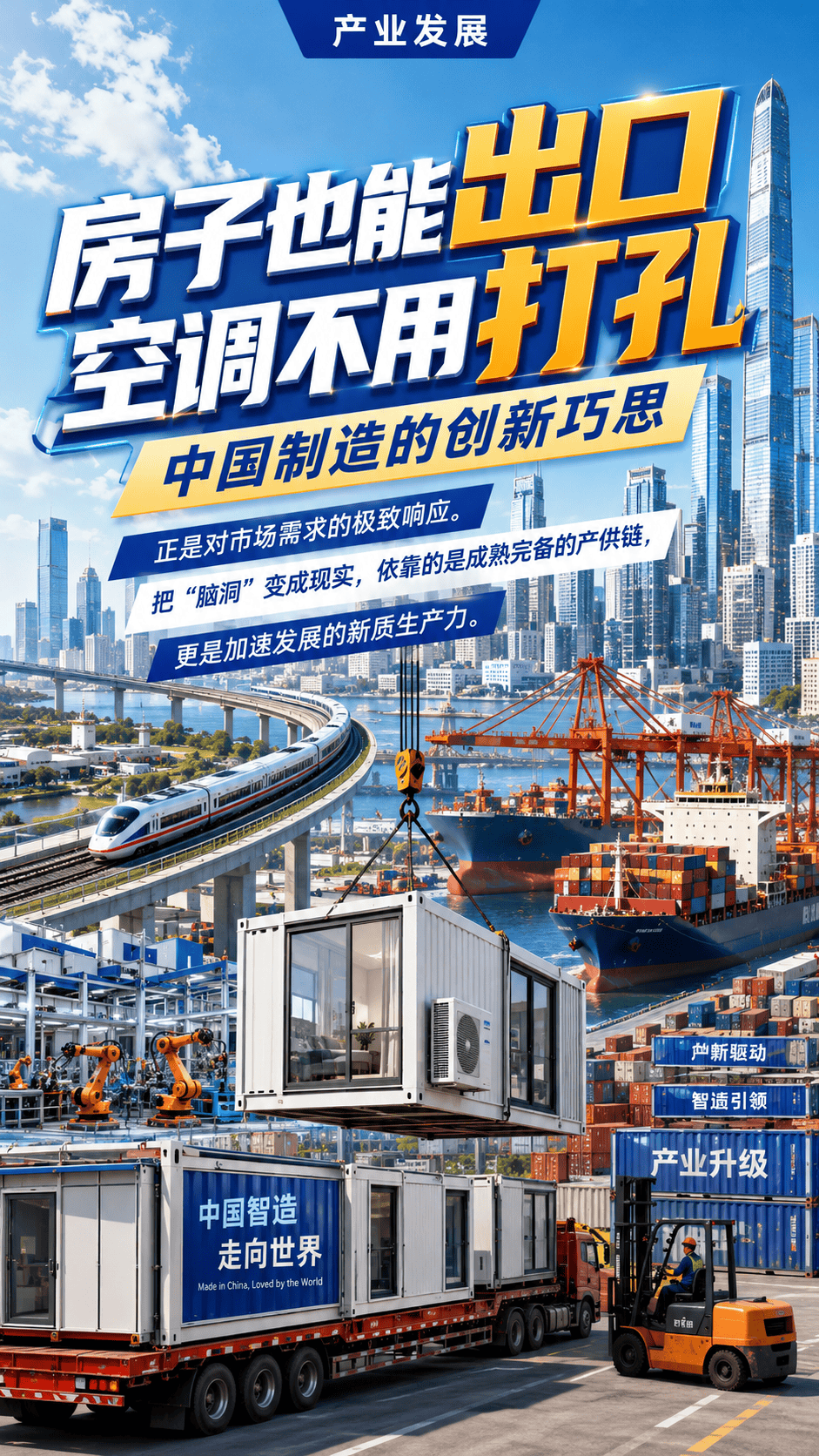 房子也能出口、空调不用打孔，中国制造的创新巧思，正是对市场需求的极致响应。把“脑洞”变成现实，依靠的是成熟完备的产供链，更是加速发展的新质生产力。#主播说联播 （素材来源：新闻联播）