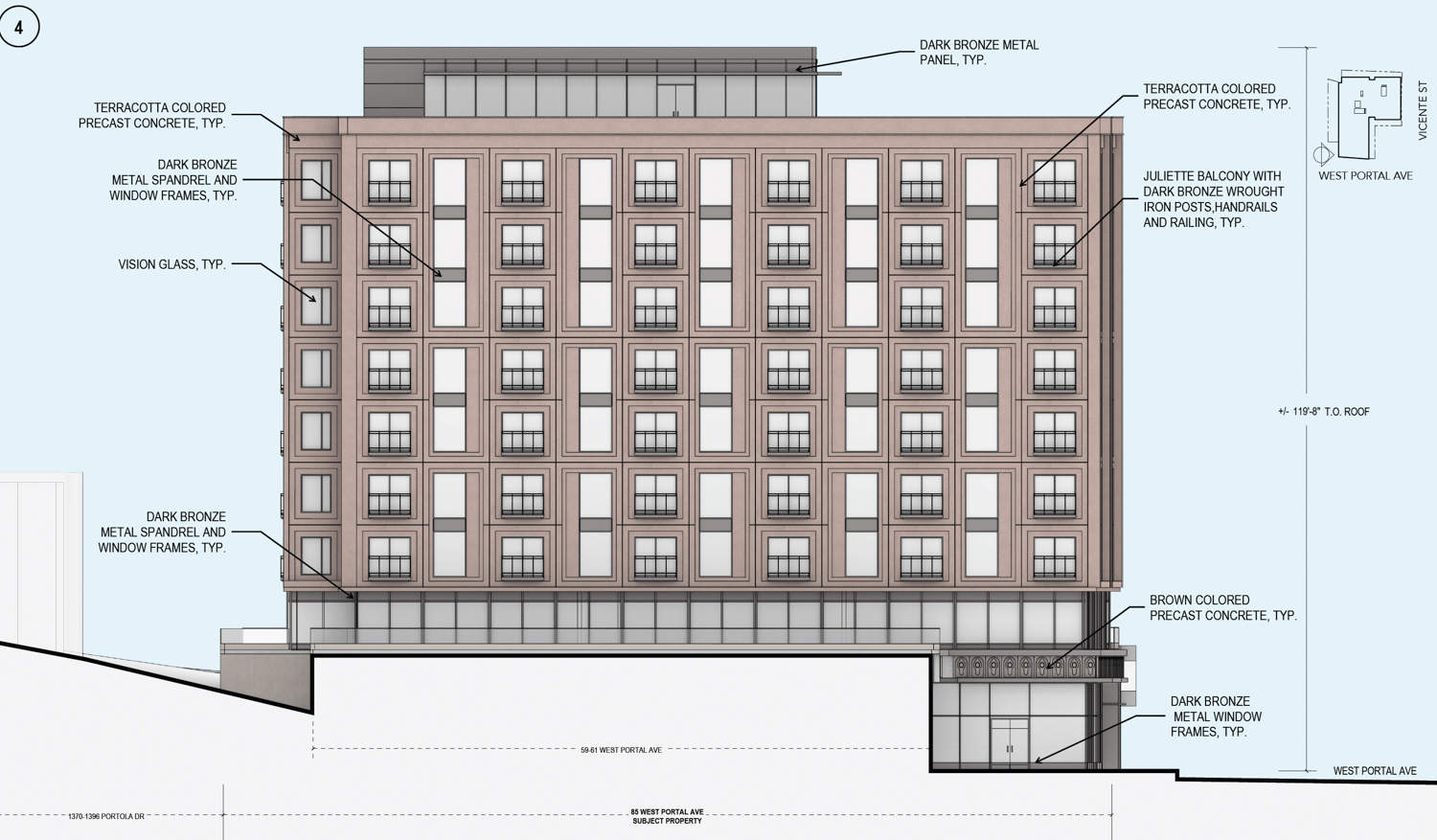 Alzado de 85 West Portal Avenue, diagrama dibujado por Handel Architects
