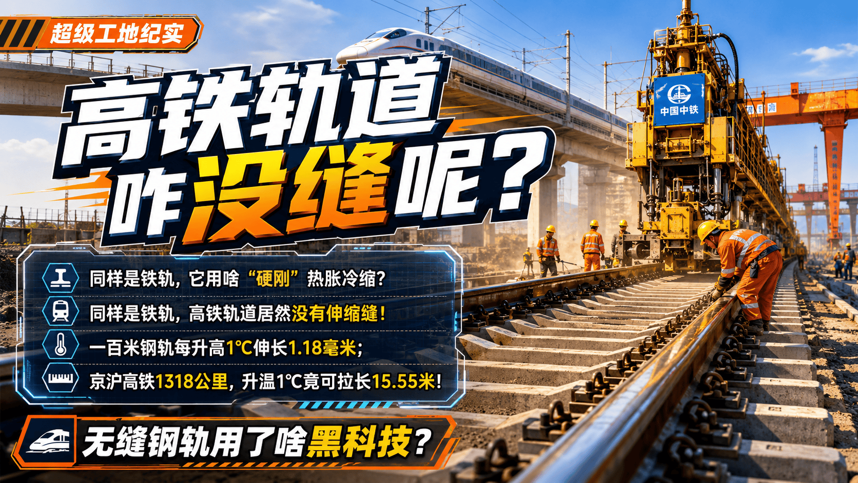 高铁轨道咋没缝呢？同样是铁轨，它用啥“硬刚”热胀冷缩？铁轨变形见过没？同样是铁轨，高铁轨道居然没有伸缩缝！要知道，一百米的钢轨每变化一度就伸缩1.18毫米。京沪高铁多长？1318公里啊！升温一度、好家伙，直接拉长15.55米。一旦断轨、高铁不直接起飞了啊！难不成，热胀冷缩一到我国就扑街了？还是说，无缝钢轨用了啥黑科技？#伸缩缝  #高铁  #铁轨   #科普