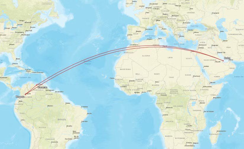 Streckenkarte Qatar Airways Doha–Bogotá–Caracas