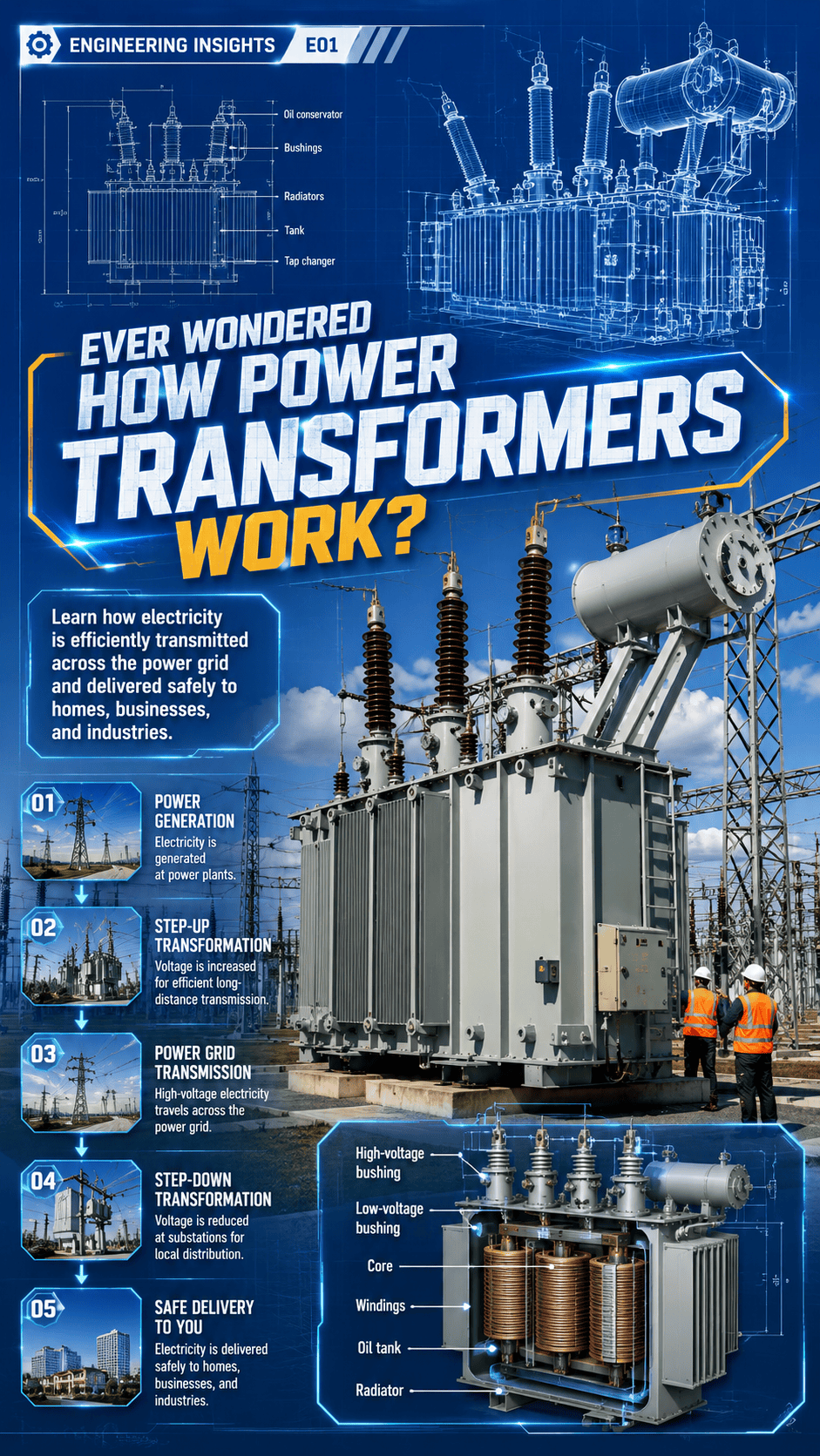 Ever wondered how power transformers work? Learn how electricity is efficiently transmitted across the power grid and delivered safely to homes, businesses, and industries.