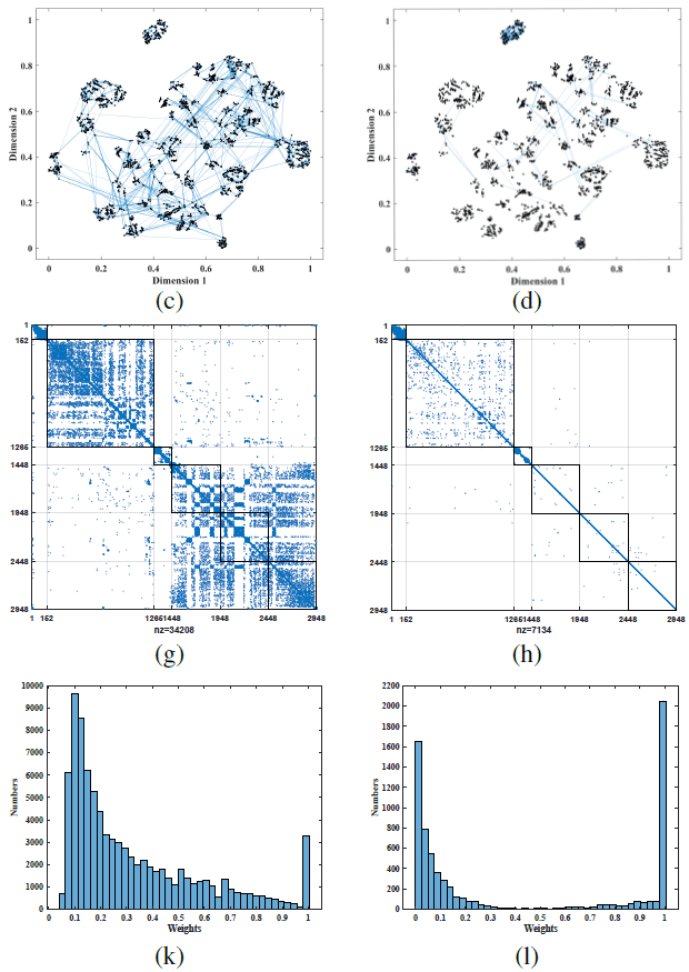 Figura 7 Comparação dos grafos de rede, diagramas de pontos e histogramas de distribuição de pesos entre o hipergrafo estático e o hipergrafo dinâmico SID-HGNN no conjunto de dados S-FWUAV. (c)(g)(k) Resultados do hipergrafo estático, (d)(h)(l) Resultados do SID-HGNN