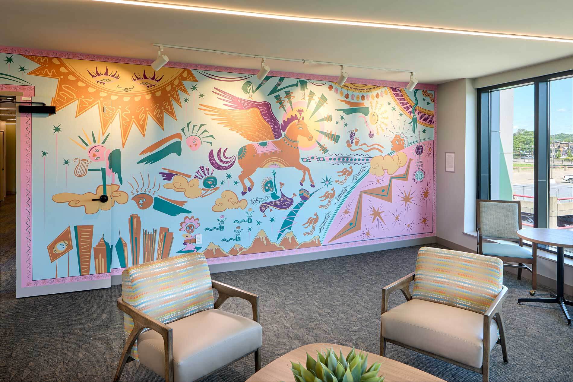 Indoor mural in the social lounge