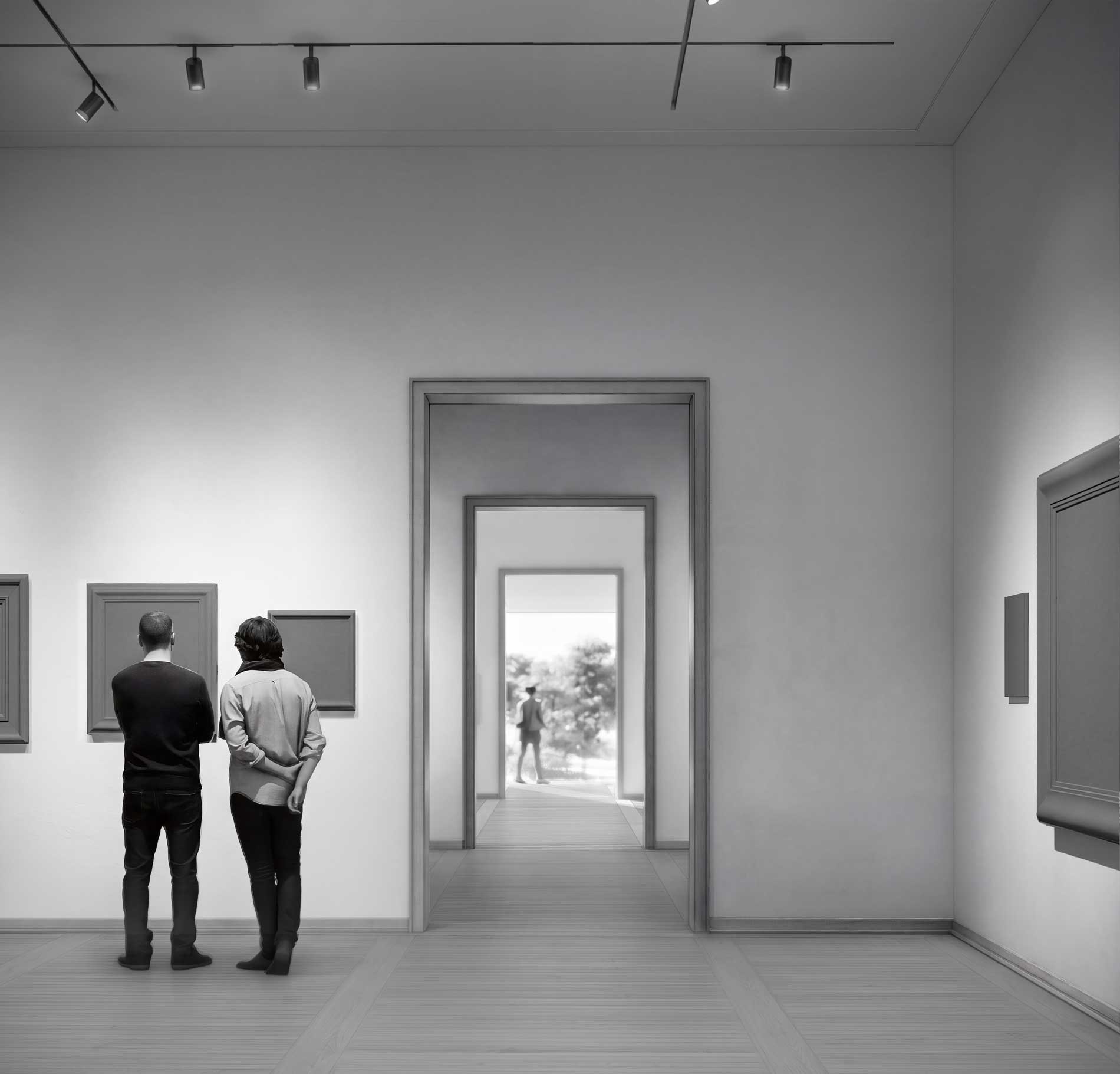 Rendu en noir et blanc d'une galerie intérieure du Clark Art Institute
