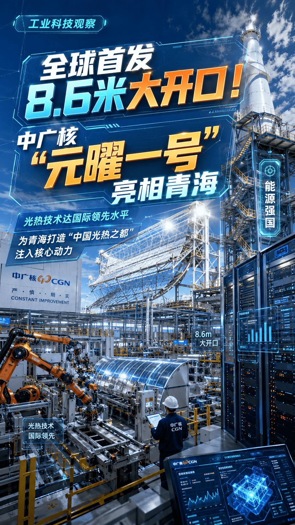 能源强国｜全球首发8.6米大开口！中广核“元曜一号”亮相青海发布，光热技术达国际领先水平，为青海打造中国光热之都注入核心动力。
