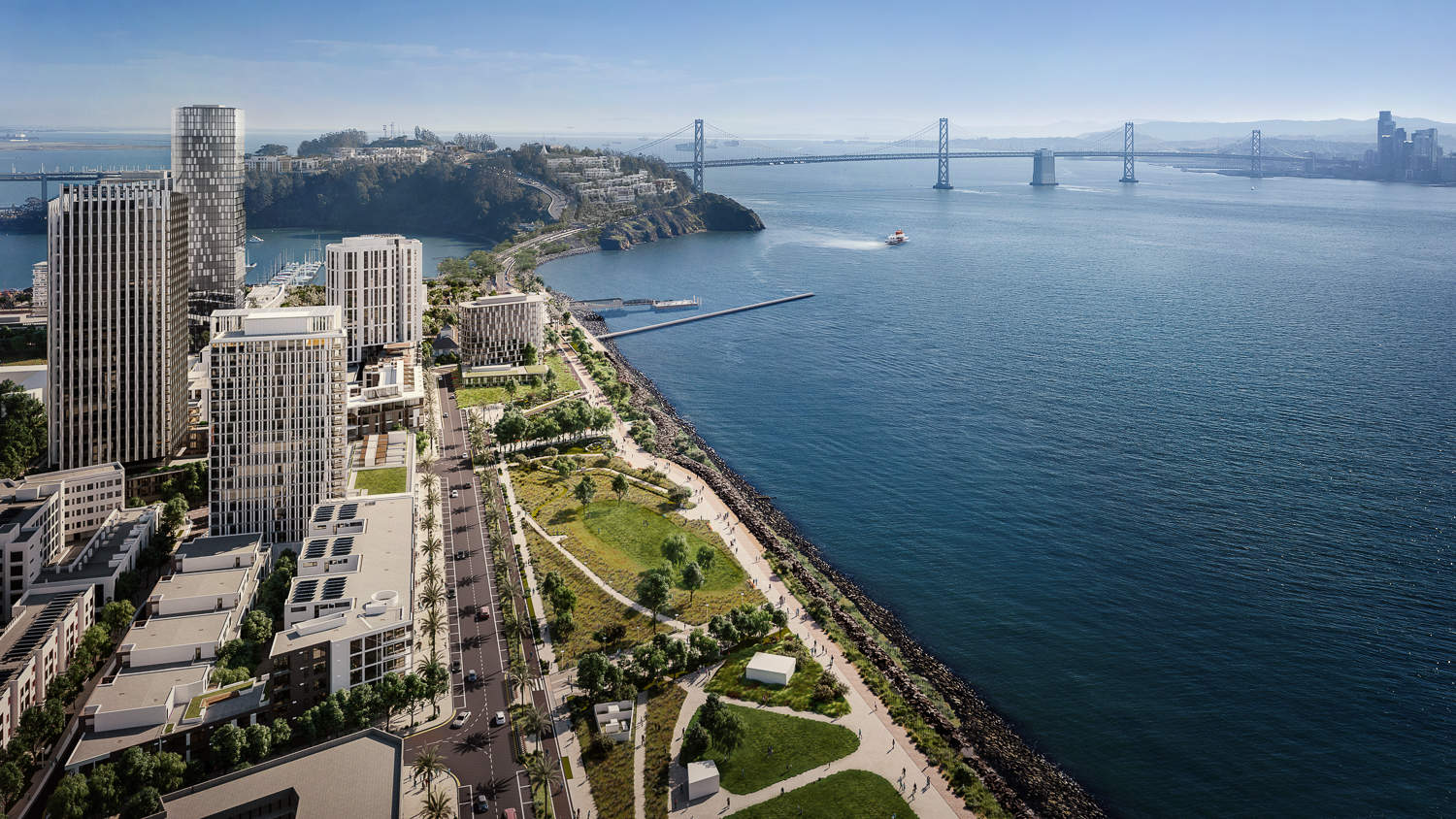 Vue de Treasure Island entièrement construite, regardant vers l'île de Yerba Buena, rendu réalisé par Hayes Davis