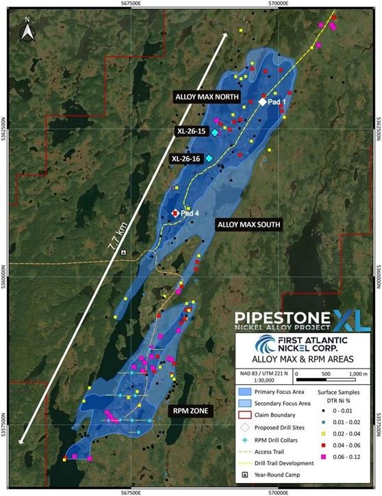Map of Alloy Max and RPM zones showing DTR nickel (%) results from surface rock samples, locations of 2026 Alloy Max drill holes XL-26-15 and XL-26-16, Alloy Max North and South zones, and 2025 RPM drill hole locations.