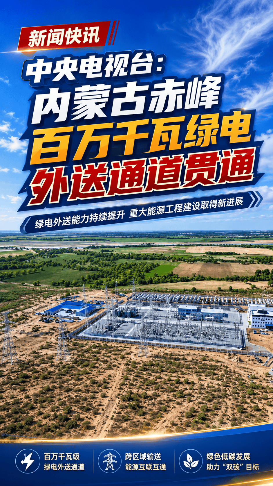 中央电视台：内蒙古赤峰百万千瓦绿电外送通道贯通