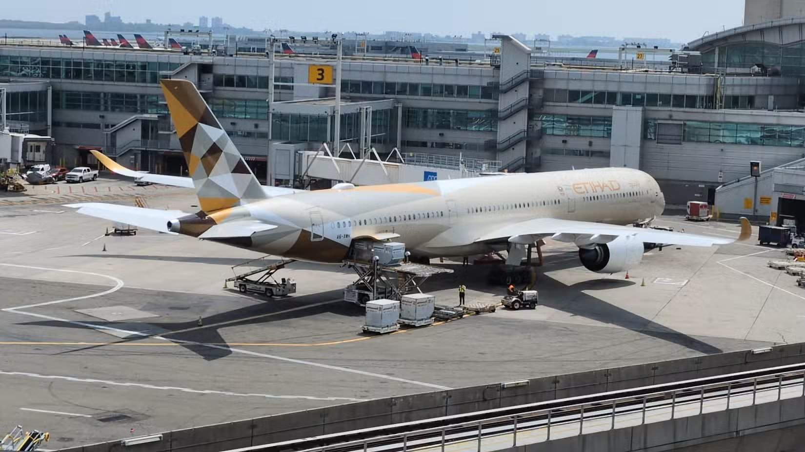 Etihad Airways Airbus A350-1000 and Boeing 787-9, 787-10 Dreamliner airplane at John F Kennedy (JFK) International Airport.