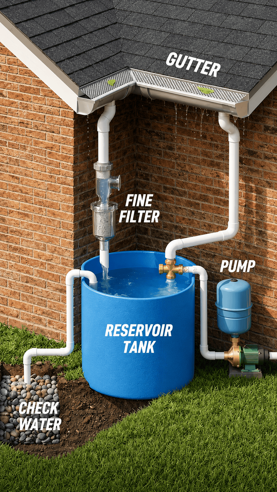 This residential rainwater recycling system uses leaf screens, fine filtration with activated carbon or zeolite, and controlled overflow to protect storage tanks. A centrifugal pump allows water reuse for laundry and toilets, improving household water efficiency.