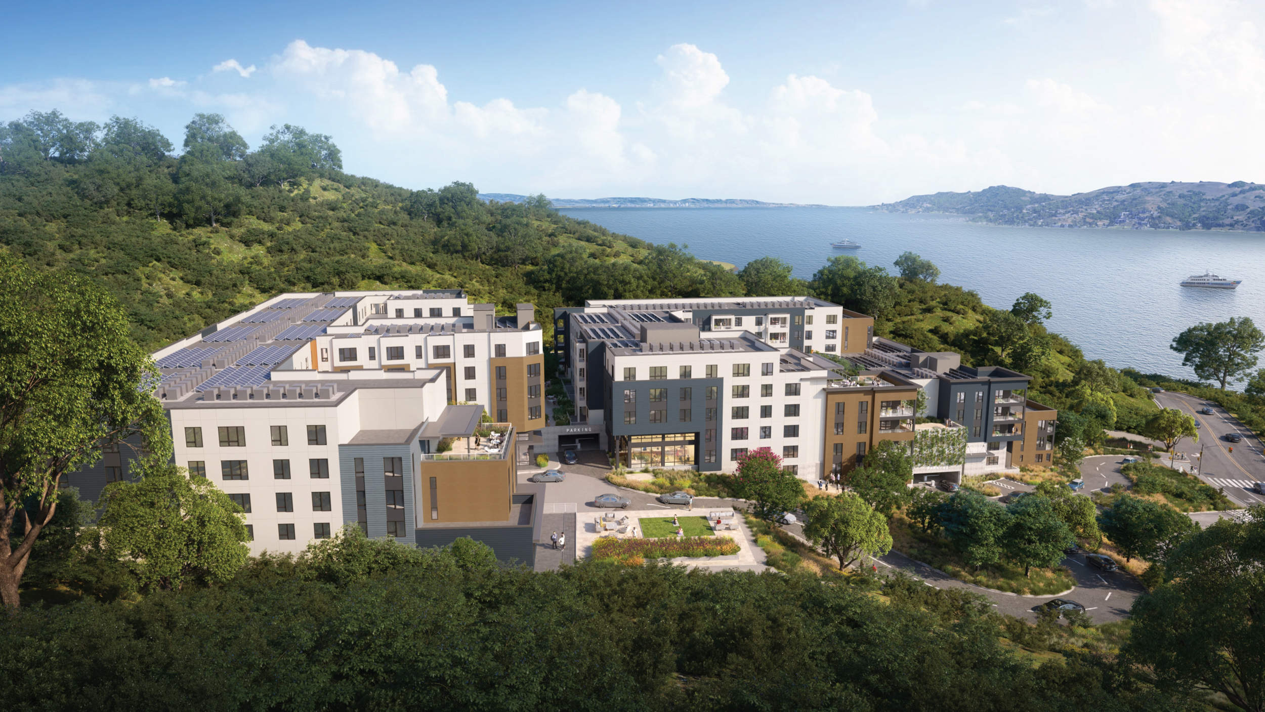 Вид на Oak Hill Apartments с высоты птичьего полёта, визуализация от SVA Architects