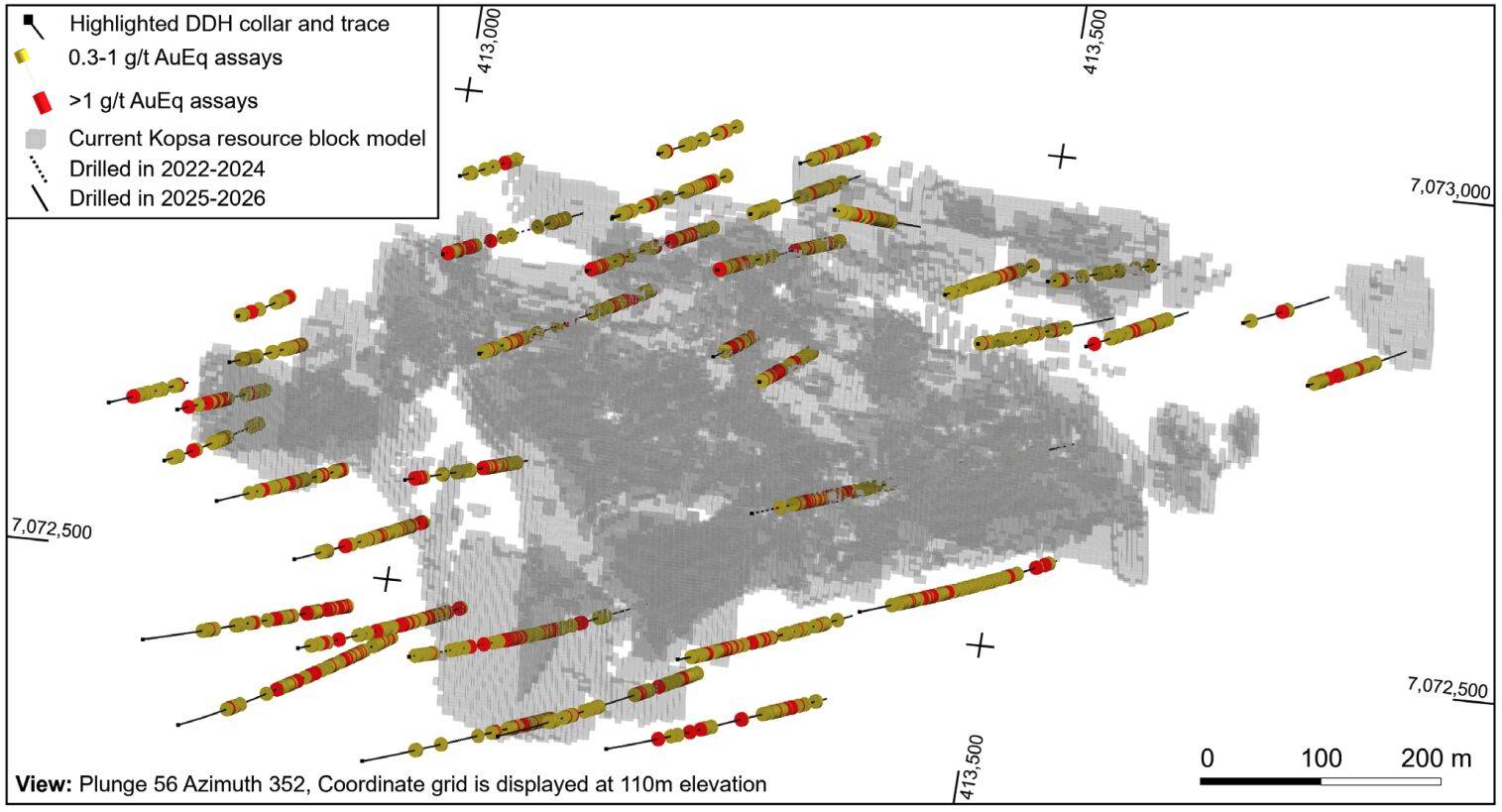 Vista 3D dos recursos existentes de Kopsa e dos novos furos que serão adicionados à estimativa de recursos. Fonte: NNL