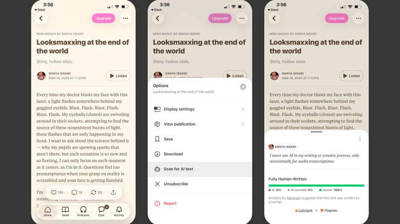 Bildschirmfotos von drei Smartphones, die das KI-Erkennungstool von Substack in einem Beitrag mit dem Titel „“ in Aktion zeigen