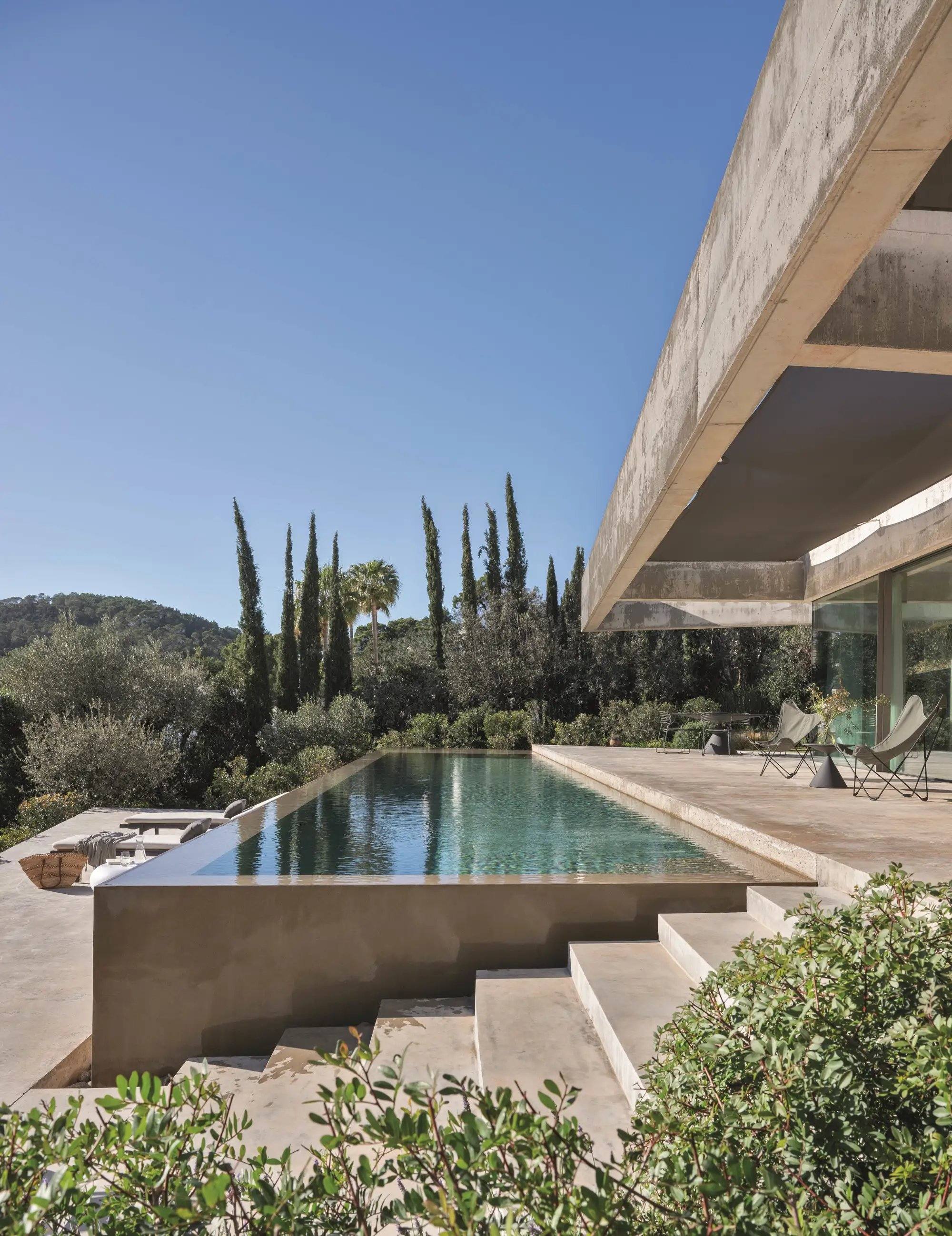 Pool mit grüner Landschaft, Bäumen und Beton