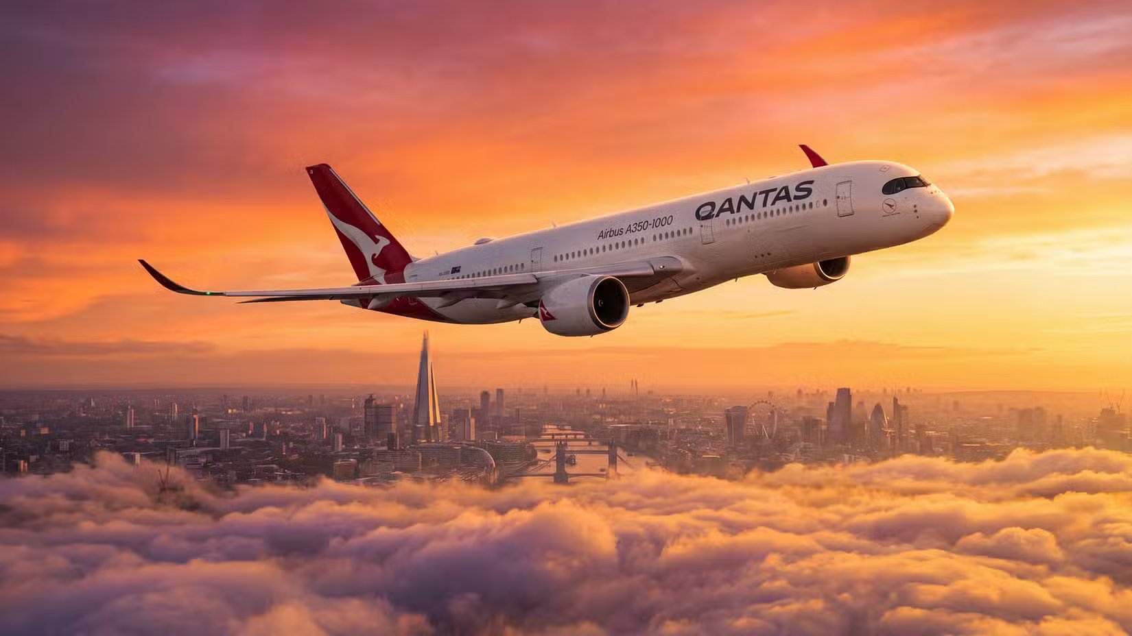 Rendu de l'Airbus A350-1000ULR de Qantas survolant Londres