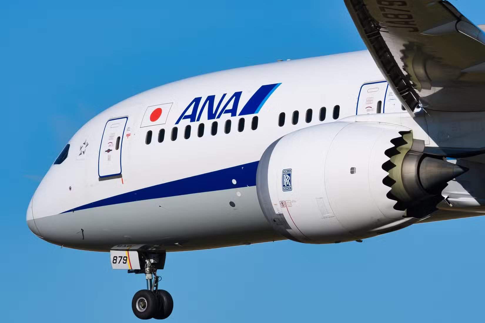 Крупный план двигателя и носовой части Boeing 787-9 Dreamliner (JA879A) авиакомпании All Nippon Airways (ANA) при заходе на посадку