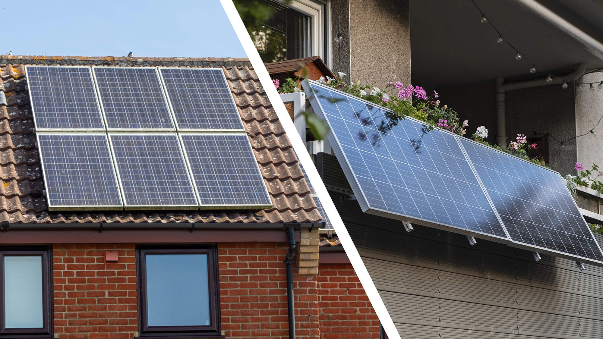 Ein Haus mit Solarmodulen auf dem Dach, daneben ein Balkon-Solarkit