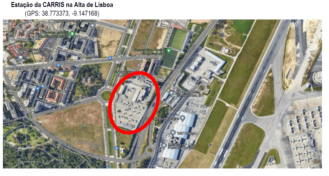 Carte aérienne montrant le dépôt de Carris à Alta de Lisboa, avec le bâtiment entouré en rouge.