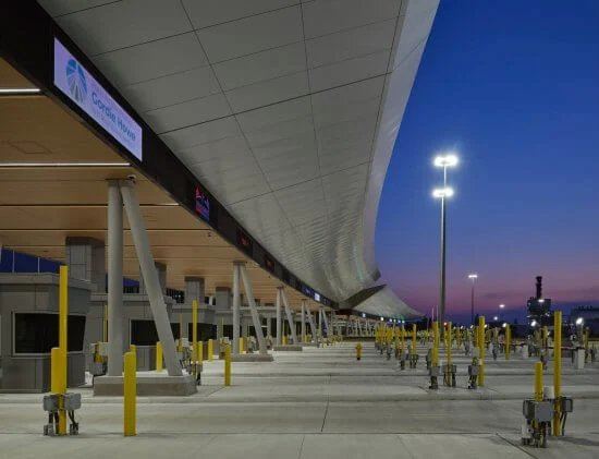 View of toll booths at nighttime