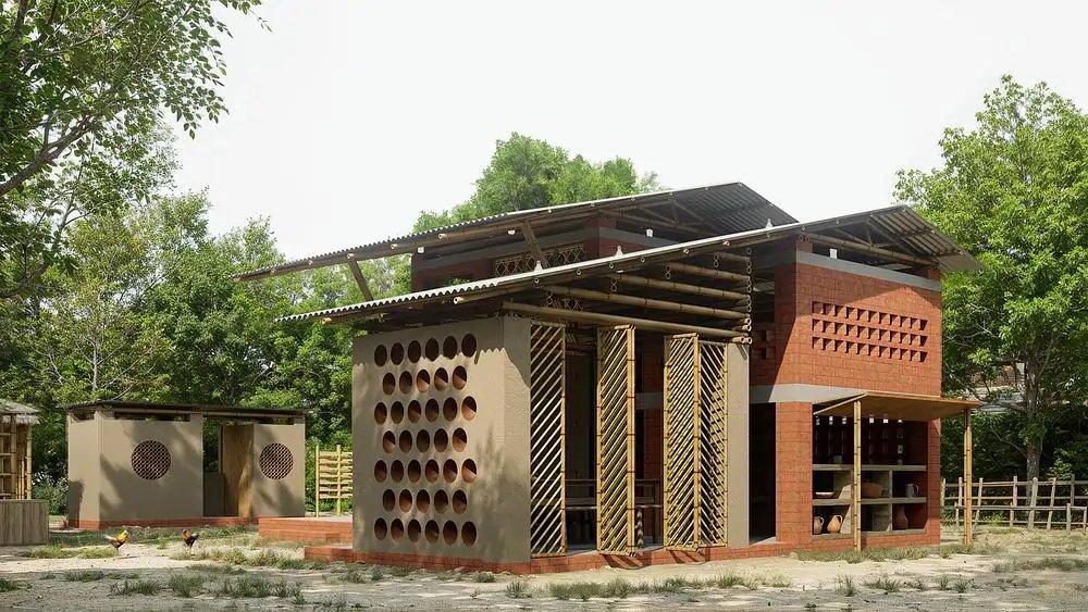 An elevated clay house with bamboo and clay details