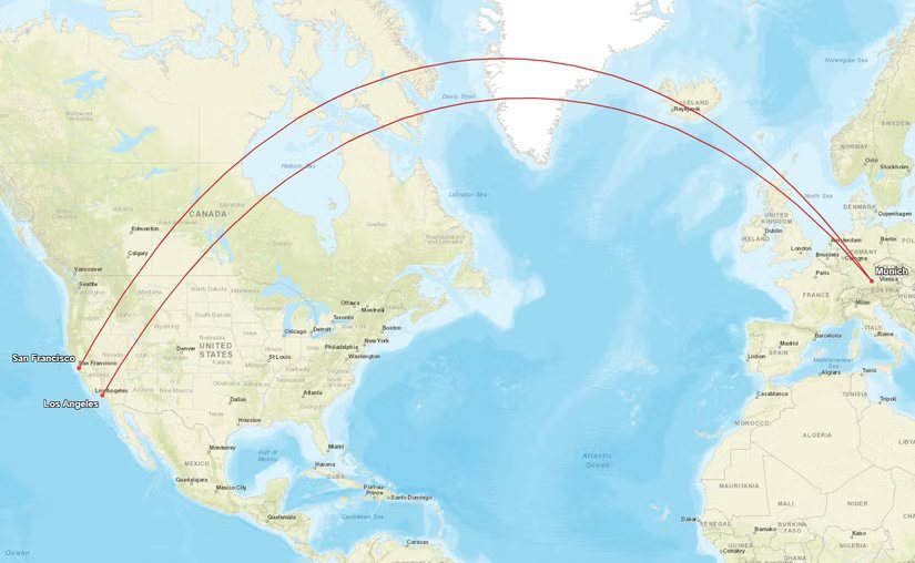 Карта маршрутов MUC SFO LAX