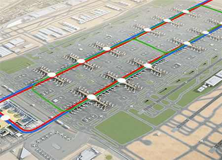 Rendering of Al Maktoum International Airport with planned people mover routes and stations highlighted across the airfield.