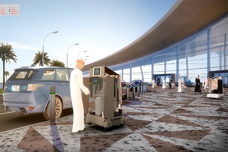 Rendering of an automated baggage cart collecting luggage outside a terminal at Al Maktoum International Airport.