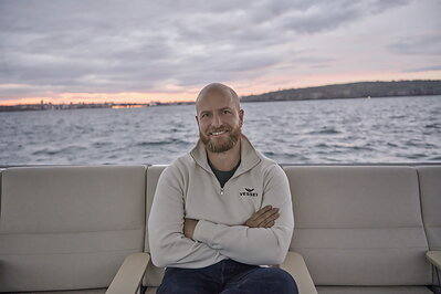 Vessev co-founder and CEO Eric Laakmann aboard Vessev's VS–9 electric hydrofoil passenger ferry. Photo credit: Derek Henderson.