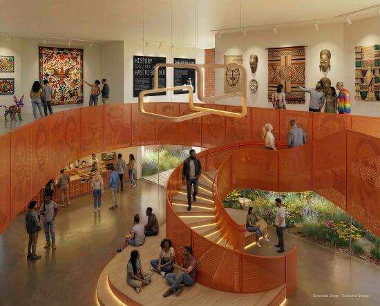 Rendering of the first-floor lobby and second-floor gallery