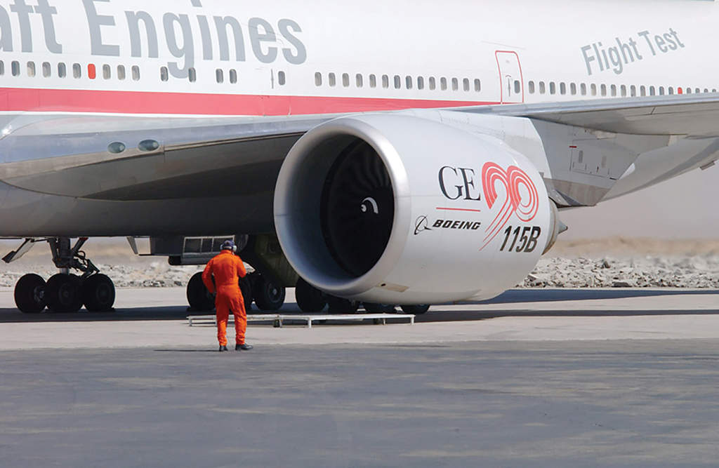 GE90-115B jet engine mounted on a Boeing 777 flight test aircraft