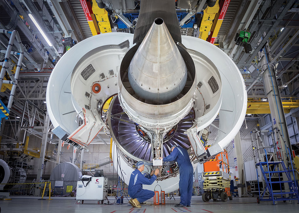 Rolls-Royce Trent 7000 turbofan engine in assembly