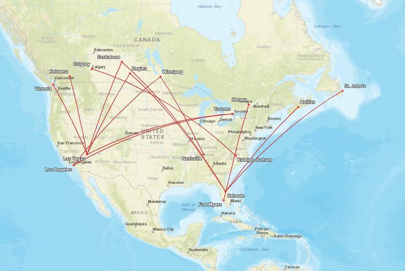 Mapa de outros cortes da WestJet nos EUA