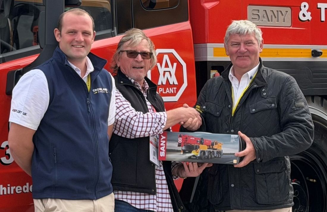 At the handover (from left to right) Thomas Issitt of Crowland, Stuart Ward of AW Plant Services and Pete Issitt of Crowland Cranes